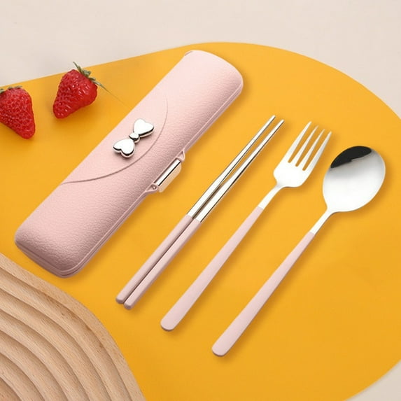 Travel Utensils with Case, Reusable Silverware Set for Lunch Box,Portable Cute Cutlery Set Adult, 18/8 Stainless Steel Spoon Fork Chopsticks for Work, Camping, Picnic, Dishwasher Safe