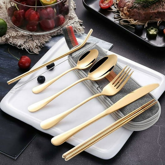 Travel Utensils Set, Camping Cutlery, Stainless Steel, Gold Color, for Outdoor Picnics, Hiking, and Backpacking, by FAJHHA