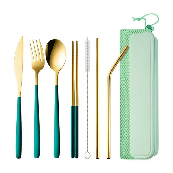 Travel Utensils Set with Case – 7-Piece Reusable Stainless Steel Camping Cutlery Set, Portable fork Spoon Knife Chopsticks – Dishwasher Safe(Green)