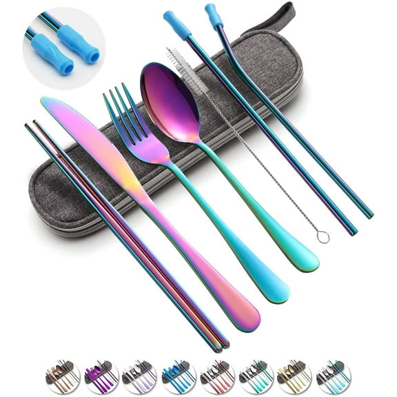 Travel Utensils Set with Case Reusable Portable Cutlery Set Stainless Steel 8pcs Including Dinner Knife Fork Spoon Chopsticks Straws(Rainbow)