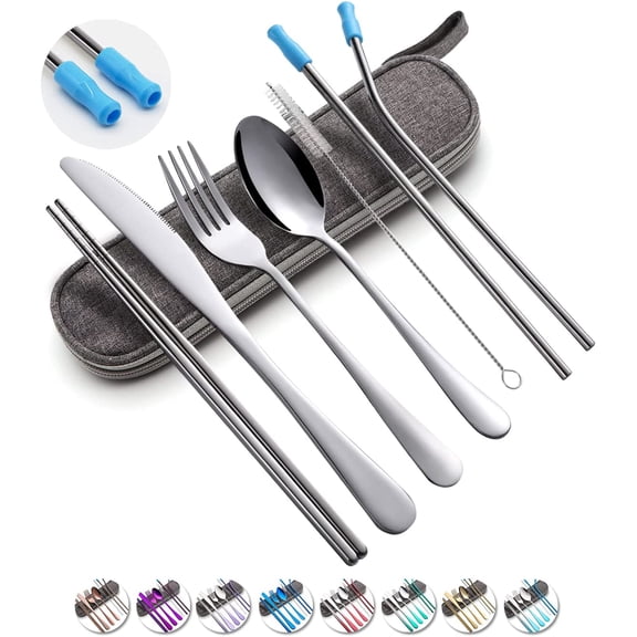 Travel Utensils Set with Case Reusable Portable Cutlery Set Stainless Steel 8pcs Including Dinner Knife Fork Spoon Chopsticks Straws(Silver)