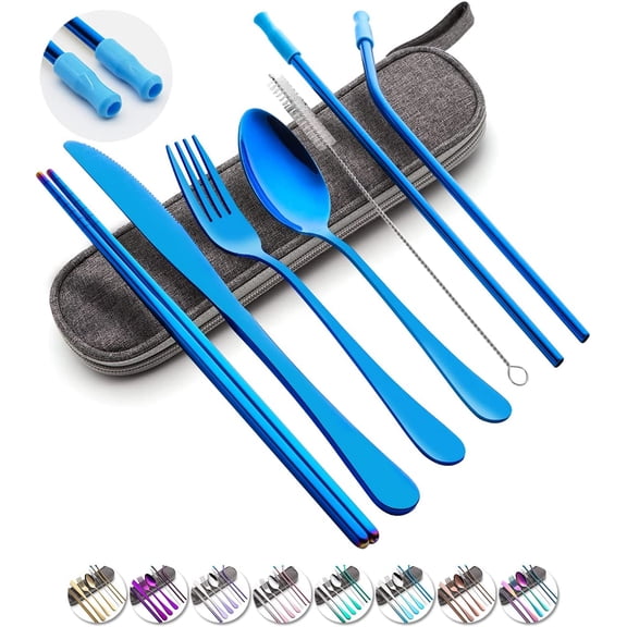 Travel Utensils Set with Case Reusable Portable Cutlery Set Stainless Steel 8pcs Including Dinner Knife Fork Spoon Chopsticks straws(Blue)