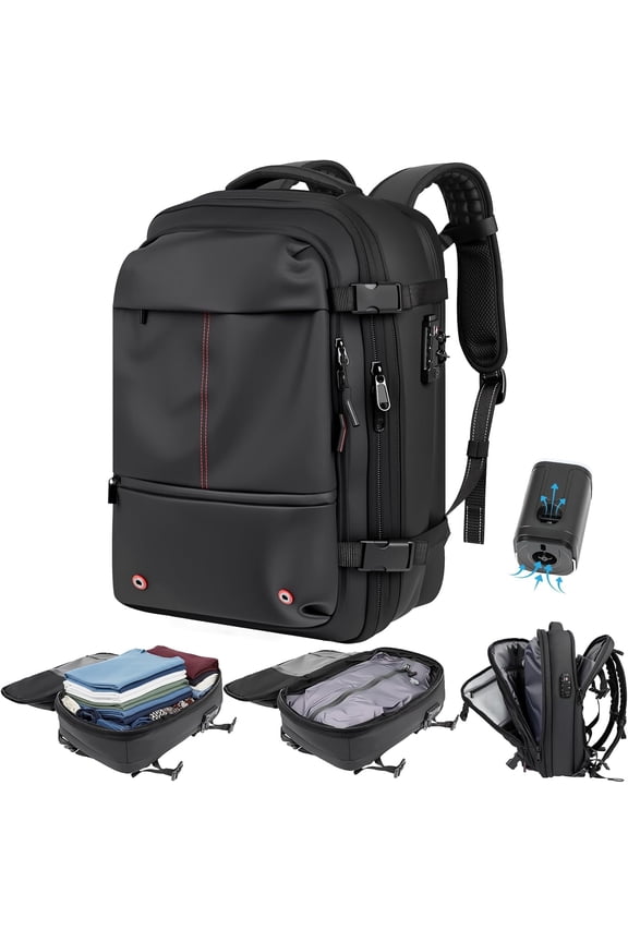 Travel Vacuum Backpack with Pump, TSA Friendly Vacuum Sealed Backpack, 21''x13''x 6'' Compression Suitcase for Flight, Travel Luggage Business Storage(Black)