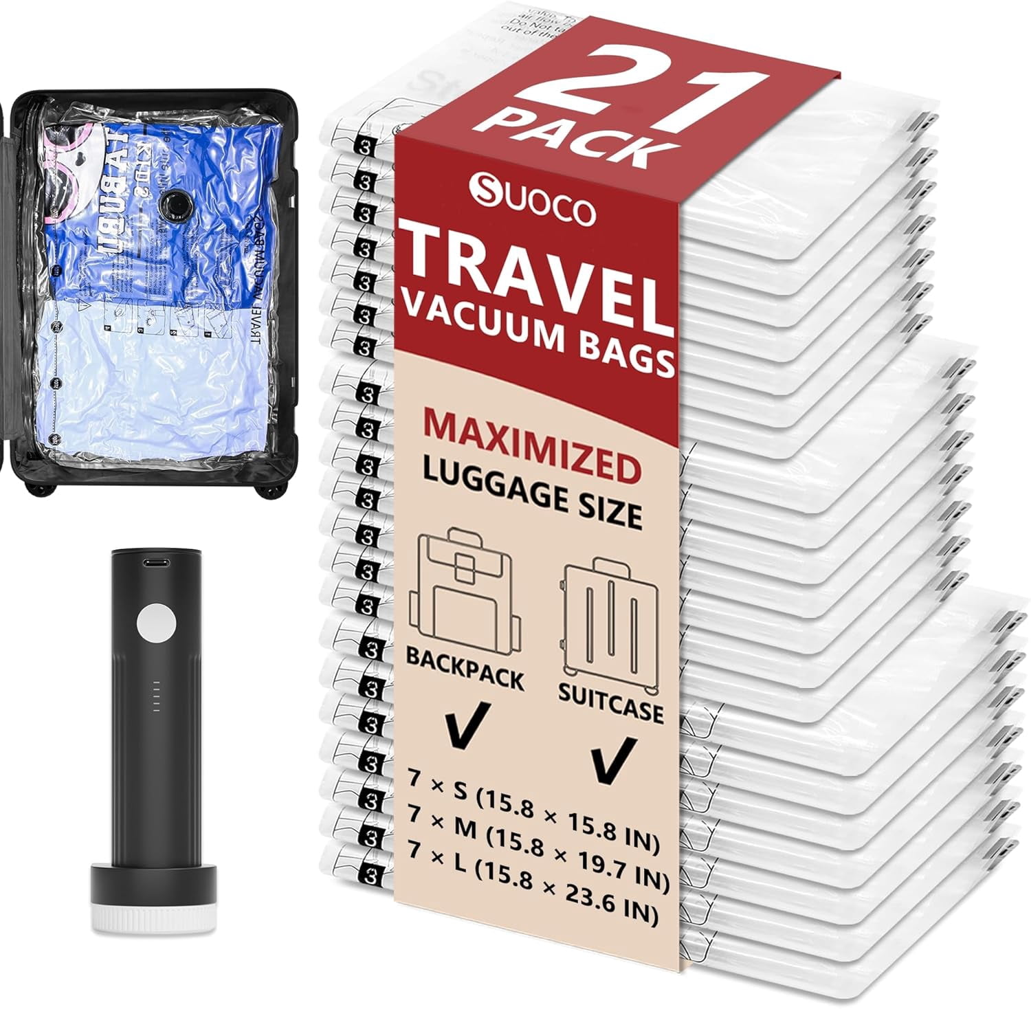 Travel Vacuum Bags for Clothing with Rechargeable Electric Pump, Compression Packing Cubes Organizer Storage for Luggage Suitcase, Space Saver Seal Bags for Vacation Cruise, 21 Combo