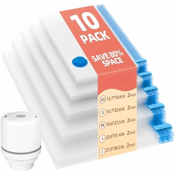 Travel Vacuum Bags with Pump, 10 Pack Portable Travel Vacuum Bag Set, Carry- Size Space Saver Compression Bags for Travel & , Luggage, Suitcase, Clothes, Clothing, Blankets