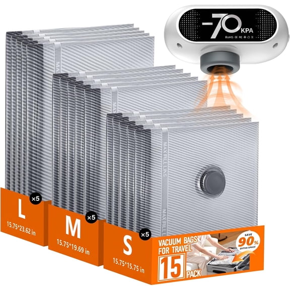 Travel Vacuum Bags with Wireless Pump, 15 Pack Storage Powerful -70KPa Suction, for Maximum Compression in Luggage, Suitcase, and Home Use Clothes Blankets, White