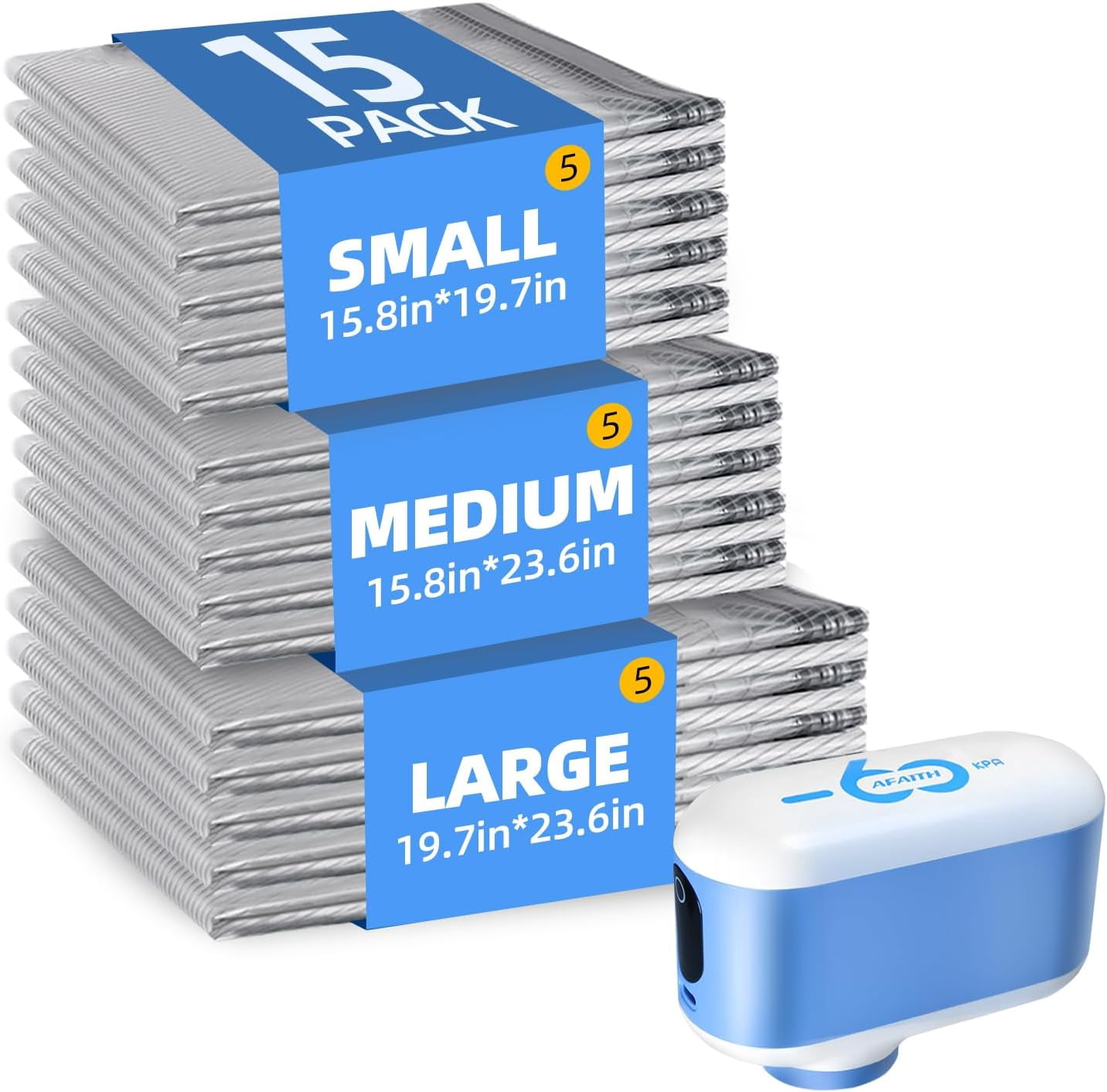 Travel Vacuum Bags with pump, 15 Pack Vacuum Storage Bags with Powerful -60KPa Suction and Rechargeable Smart Display USB Pump, Space Saver for Clothes & Travel(15 Combo)