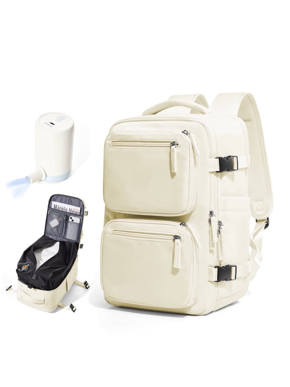 Travel Vacuum Seal Backpack with Compression for Women, Personal Item Bag United Airlines Approved, Waterproof Backpack with Air Pump, Backpack Airbag Mochila Bolso de Compression, Beige