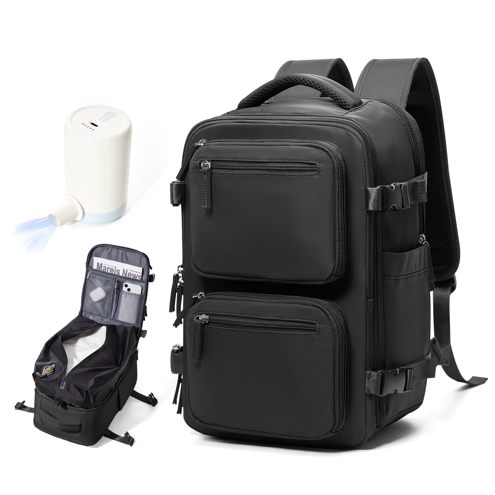 Travel Vacuum Seal Backpack with Compression for Women, Personal Item Bag United Airlines Approved, Waterproof Backpack with Air Pump, Backpack Airbag Mochila Bolso de Compression, Black