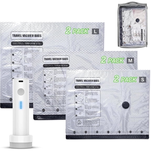 Travel Vacuum Storage Bags, Vacuum Seal Bags for Clothing with Rechargeable Air Pump, 6 Pack Portable Space Saver Bags for Clothing, Luggage, Seasonal Storage, Travel