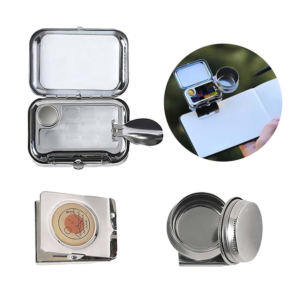 Travel Watercolor Palette, Mini Paint Palette, 10-Grid Empty Mini Watercolor Tin Box with Clip and Pen Washer Jug, Pocket Watercolor Set for Artist Outdoor Sketching (Silver, Watercolor Not Included)