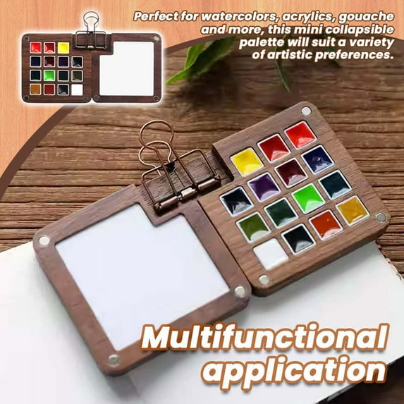 Travel Watercolor Set Portable Mini Walnut Wood Watercolor 8 Grids Detachable Watercolor Paint With Metal Clip Unique Gifts For Artists