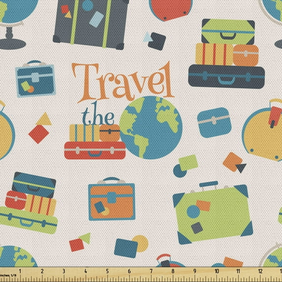 Travel the World Fabric by the Yard, Calligraphy with Colorful Travel Suitcases Luggage and an Earth Globe, Upholstery Fabric for Dining Chairs Home Decor Accents, 2 Yards, Multicolor by Ambesonne