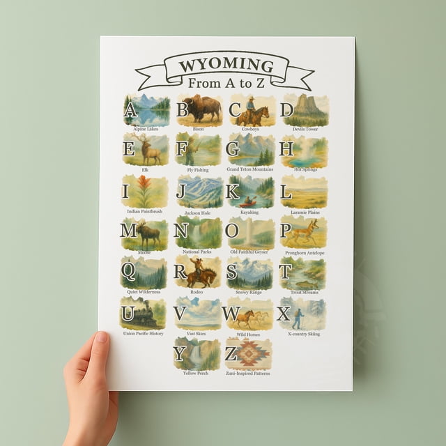 Travel Wyoming A-Z Alphabet State Symbols And Icons Poster , Poster ...