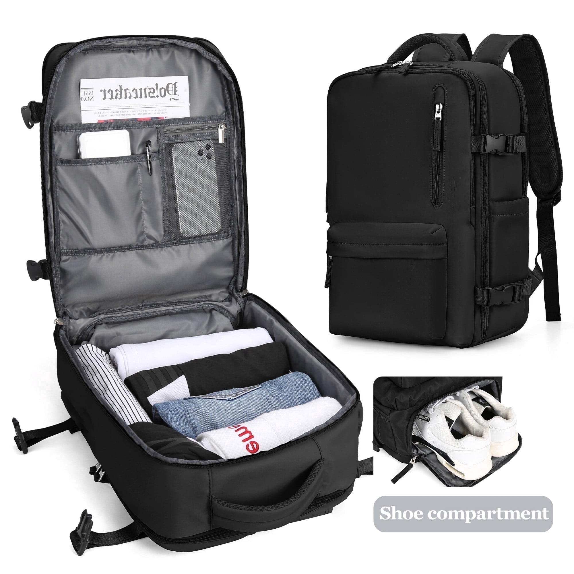 Travel backpacks for Adults, Flight Personal Carry on Backpack for Women Men, Approved Airlines Back Pack Carry-ons Mochilas de Viaje, Waterproof Luggage Laptop Backpack Black