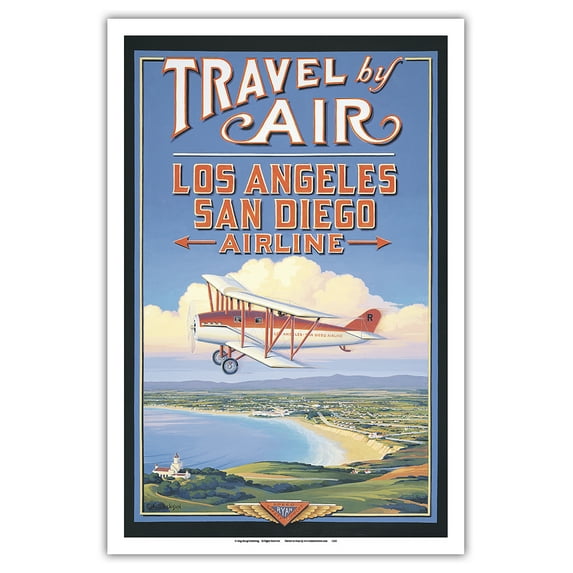 Travel by Air - Los Angeles San Diego Airline - Vintage Airline Travel Poster by Kerne Erickson - Master Art Print (Unframed) 12in x 18in