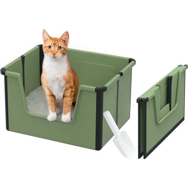 Travel cat Litter Box, Foldable High Side Low Entry Cat Potty Pan, Open