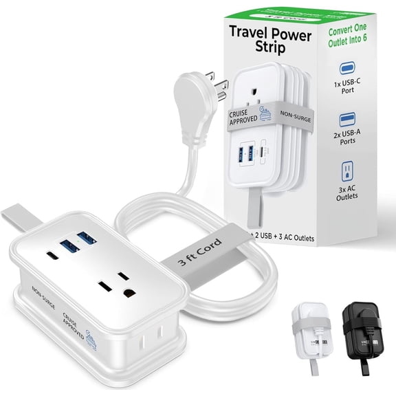 Travel for Multiple Devices, Flat Plug Power Strip 3ft Extension Cord, 3 AC Outlets, 2 & 1 -C, No Surge Cruise Approved, Portable Power Strip