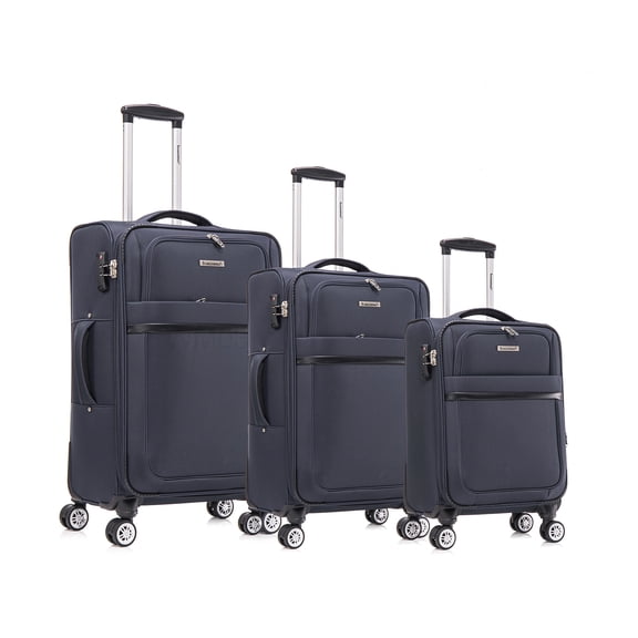 Travel in Style: 3-Pc Dark Blue Softside Luggage with Spinner Wheels & Secure Lock