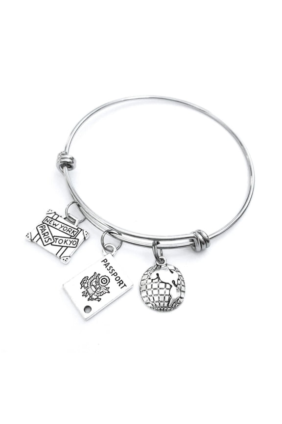 Travel themed bracelet. World Traveler gift. Vacation partner bangle. Includes Passport, World Globe, and International Suitcase.