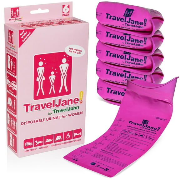 TravelJane Disposable Urinal for All Genders, Adults, and Children (6 Pack) Designed for Emergencies, Travel, Camping, Long Car Rides and more - 28oz/800ml capacity (TJ1R-C)