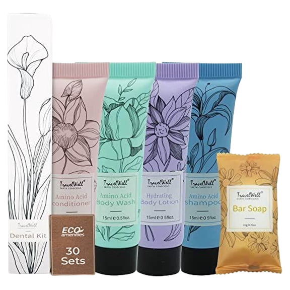 TravelWell Hotel Travel Size, Bulk Amenities and Toiletries for Hospitality, 180 Items, Individually Wrapped, 30 pieces each of Travel Shampoo, Conditioner, Soap Bars, Lotion, Body Wash, Dental Kit
