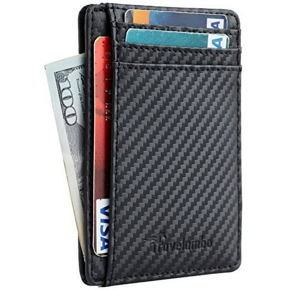 Travelambo Front Pocket Minimalist Leather Slim Wallet RFID Blocking Medium Size(01 CF Black)
