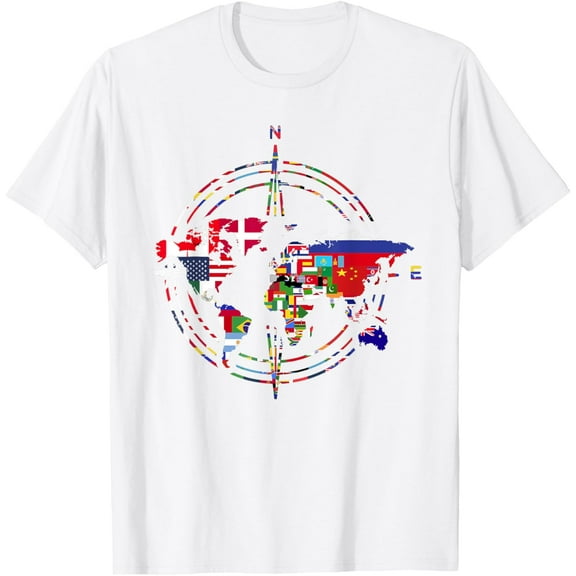 Traveler Country Flags Compass Globe Traveling World Map T-ShirtMen and women, White T-shirt, size: Extra large