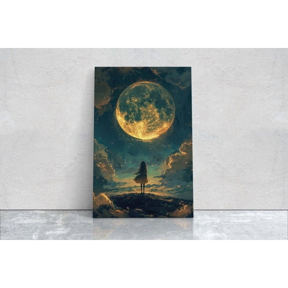 Traveler Moon, Full Moon, Woman Moonlit, Gold Moon, Cloudy Sky, Moonrise, Large Art Print, Gold and Indigo, Wall Art, Poster Only