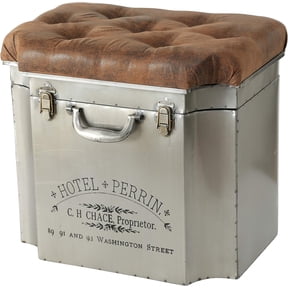 Traveler Steamer Trunk, Storage Ottoman, Lift up Cozy Cushion Top, Faux Brown Leather Tufted Top, Rubbed Iron With Vintage Detailing, 20 1/2 L x 14 1/2 W x 18 1/2 H Inches