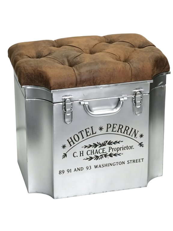 Traveler Steamer Trunk, Storage Ottoman, Lift up Cozy Cushion Top, Faux Brown Leather Tufted Top, Rubbed Iron With Vintage Detailing, 20 1/2 L x 14 1/2 W x 18 1/2 H Inches