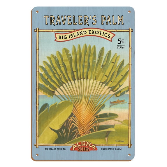 Traveler's Palm - Aloha Seeds - Big Island Seed Company - Big Island Exotics - Vintage Seed Packet by Kerne Erickson - 8 x 12 inch Vintage Wood Art Sign