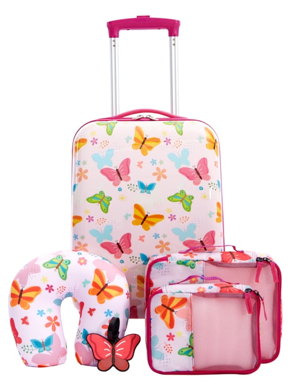 5-Piece Kid's Hard-Side Travel Carry-on Luggage Set - Butterfly Print