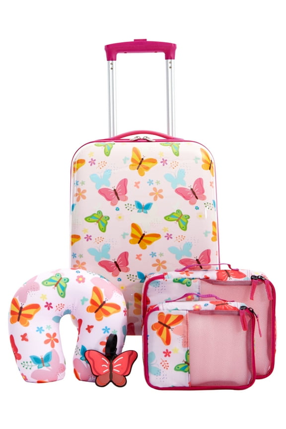 5-Piece Kid's Hard-Side Travel Carry-on Luggage Set - Butterfly Print