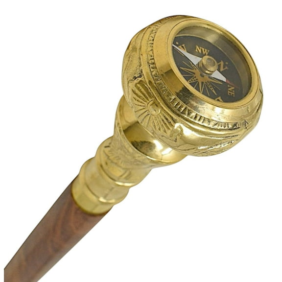 Travelers Compass Gentleman's Walking Stick Fancy Cane for Men & Women, Brass Handle & Hardwood, Foldable Wooden Cane, Gift Idea