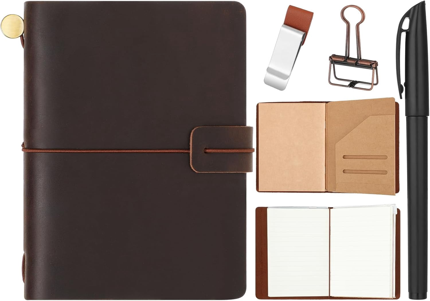 Travelers Refillable Leather Journal Notebook Travel Diary Handmade Passport Travelers Journal for Men and Women with 3 Notebook Inserts, Pen Holder, Binder Clip(Dark Brown,Passport Size)