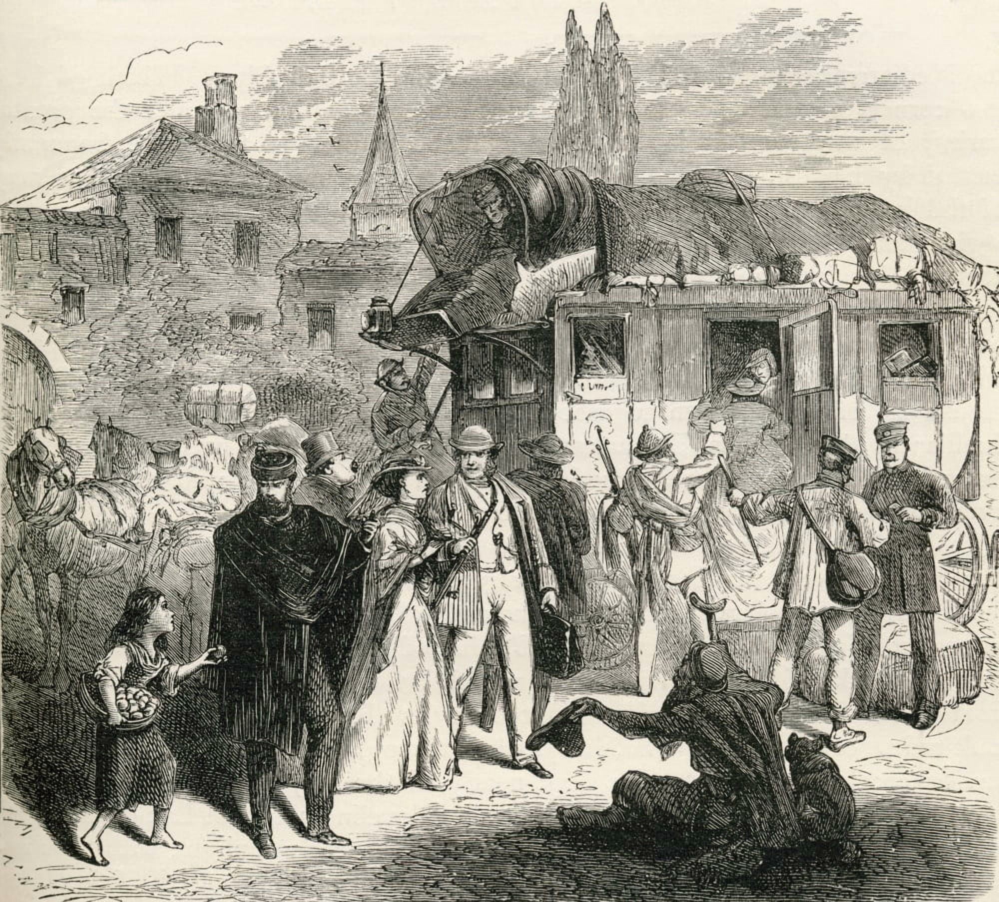 Travelers Waiting To Board A Stagecoach In The 19Th Century From French Pictures By The Rev Samuel G Green Published 1878 Canvas Art - Ken Welsh Design Pics (15 x 13)