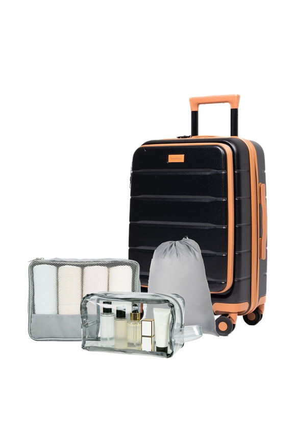 Carry-On Luggage Sets Front Open 4 Piece Hardside Suitcase Set with Spinner Wheels TSA Lock Toiletry Bag and Shoe bag,Black