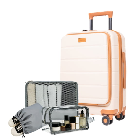 Travelhouse Carry-On Luggage Sets Front Open 4 Piece Hardside Suitcase Set with Spinner Wheels TSA Lock Toiletry Bag and Shoe bag,White