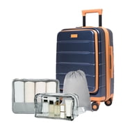 Travelhouse Carry-On Luggage Sets Front Open 4 Piece Hardside Suitcase Set with Spinner Wheels TSA Lock Toiletry Bag and Shoe bag,Blue