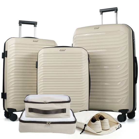Travelhouse 3 Piece Hardshell Luggage Set Hardside Lightweight Suitcase with Lock Spinner Wheels and 2 Packing Cubes.(White)