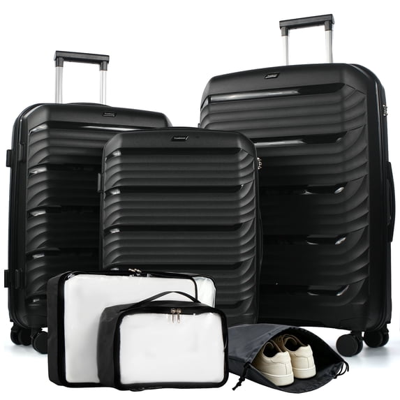 Travelhouse 3 Piece Hardshell Luggage Set Hardside Lightweight Suitcase with Lock Spinner Wheels and 2 Packing Cubes.(Black)
