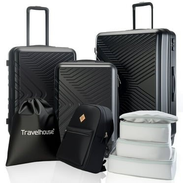 Travelhouse 3 Piece Hardside Luggage Set Hardshell Lightweight TSA Lock Spinner Wheels Suitcase with Backpack and 5 Packing Cubes.Black