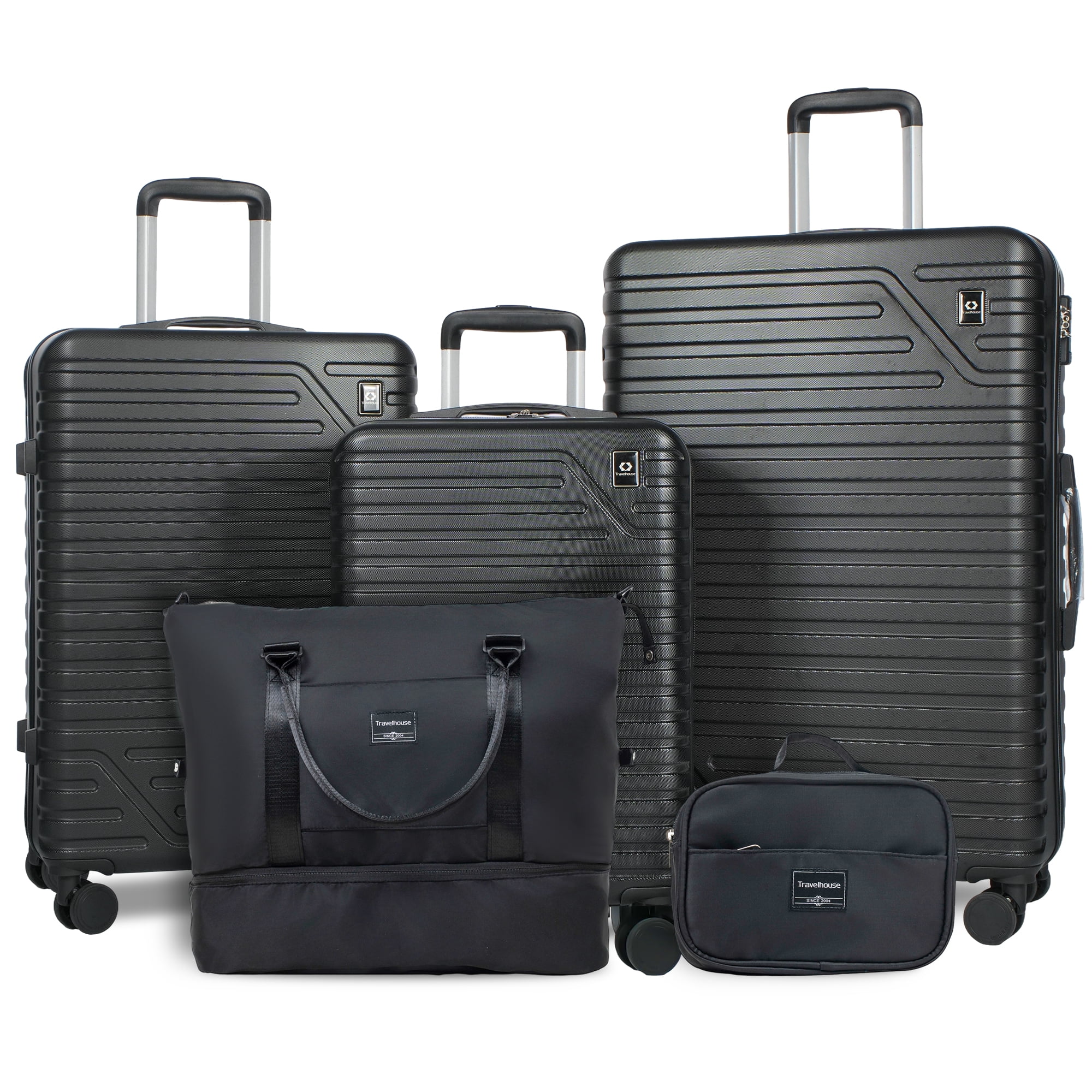 Travelhouse 5 Piece Hardside Luggage Set Hardshell Expandable Lightweight Suitcase TSA Lock Spinner Wheels with Duffel Bag.(Black)