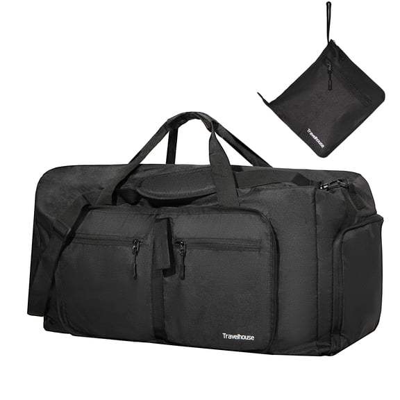 Travelhouse 50L Foldable Travel Duffle Bag for Men Women with Shoes Compartment Waterproof,Black