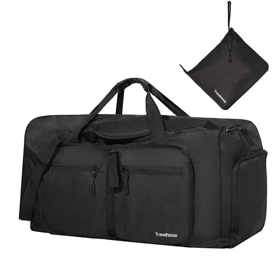 Travelhouse 50L Foldable Travel Duffle Bag for Men Women with Shoes Compartment Waterproof,Black