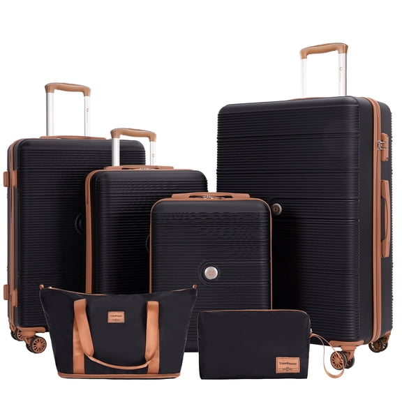 Travelhouse 6 Piece Hardshell Luggage Set Hardside Lightweight Suitcase with TSA Lock Spinner Wheels.(Black)