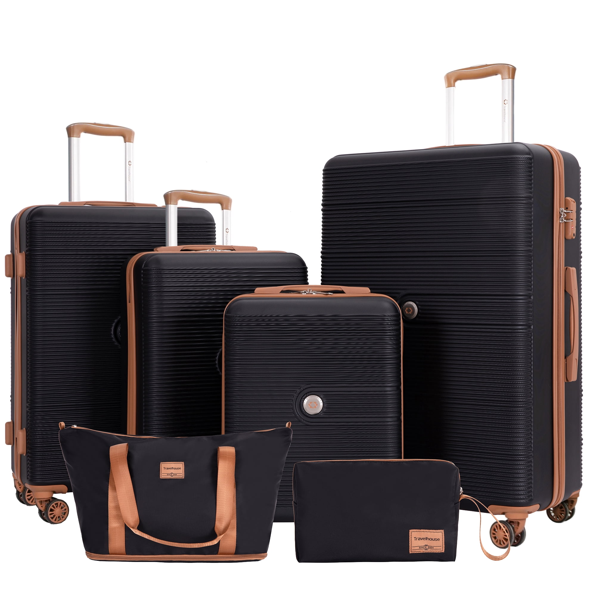 Travelhouse 6 Piece Hardshell Luggage Set Hardside Lightweight Suitcase with TSA Lock Spinner Wheels.(Black)