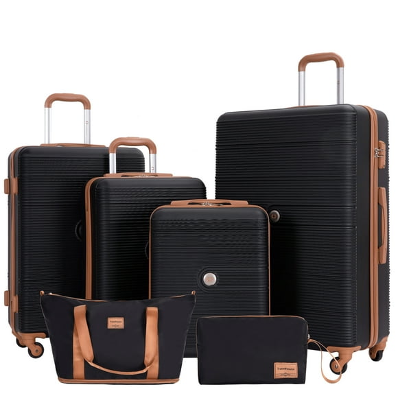 Travelhouse 6 Piece Hardshell Luggage Set Hardside Lightweight Suitcase with TSA Lock Spinner Wheels.(Black)
