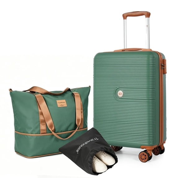 Travelhouse 3-Piece Hardside Spinner Carry on Luggage Set with TSA Lock and Travel Bag,Green